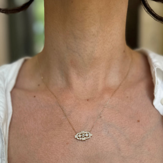 Estate 14KT Yellow Gold Diamond Filigree + Aquamarine Bezel Pendant Necklace