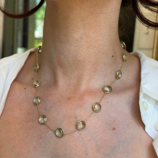 Estate 14KT Yellow Gold Cabochon Prasiolite Green Amethyst Station Necklace