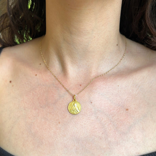 14KT Yellow Gold Matte Bleeding Heart of Mary Medal Pendant 16mm - LSJ