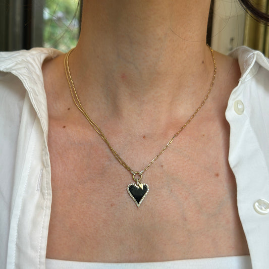 Estate 14KT Yellow Gold Black Onyx + Diamond Heart Pendant Double Chain Necklace