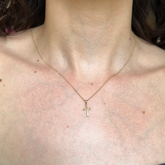 14KT Yellow Gold Solid Curved Rounded Edge Small Cross Pendant Charm 16.11mm