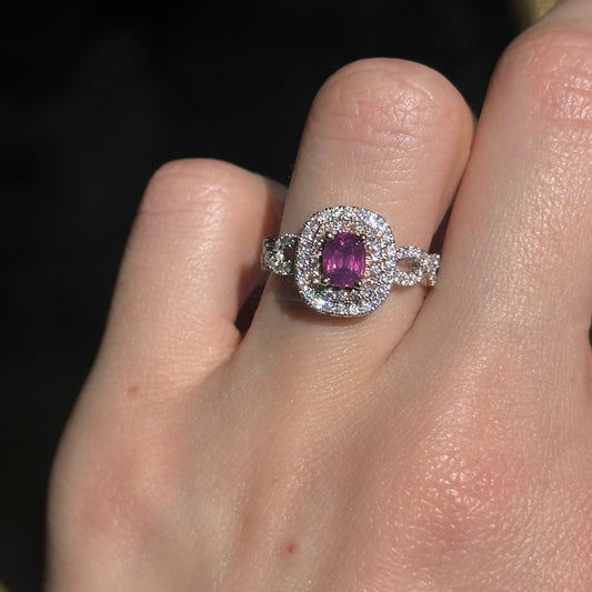Estate 18K White Gold Kashmir Unheated Purple Oval Sapphire + Diamond Halo Ring