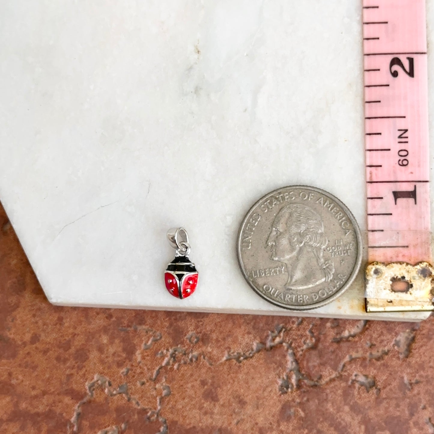 Sterling Silver Red + Black Enamel Ladybug Pendant Charm