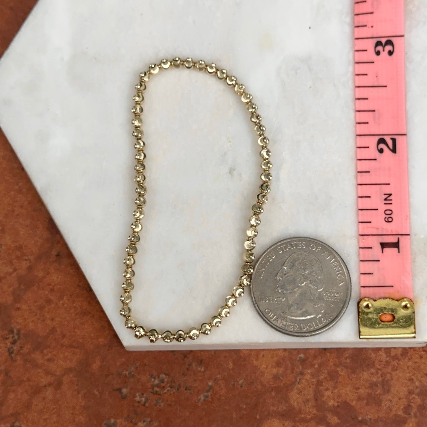 14KT Yellow Gold Round 3mm Diamond-Cut Bead Link Stretch Bracelet