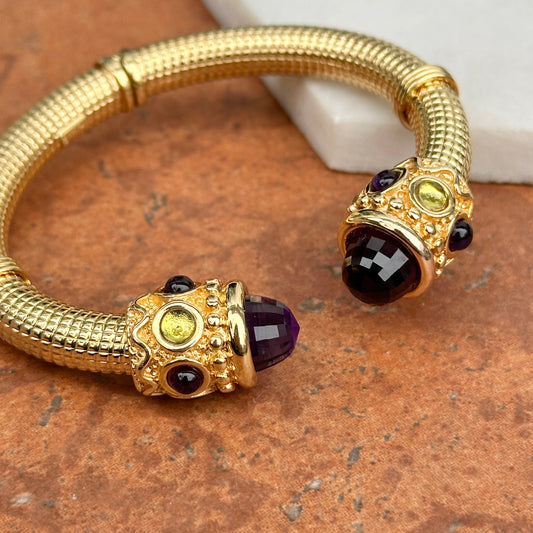 Estate 14KT Yellow Gold Checkerboard Amethyst + Peridot Cuff Bracelet