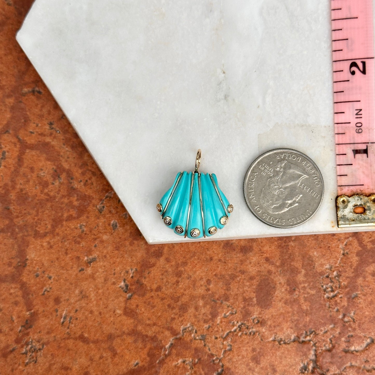 Estate 14KT Yellow Gold Turquoise Shell + Bezel-Set Diamonds Pendant