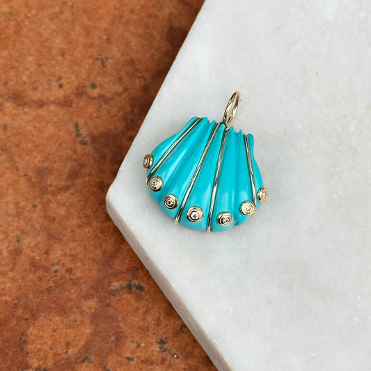 Sold Estate 14KT Yellow Gold Turquoise Shell + Bezel-Set Diamonds Pendant - LSJ