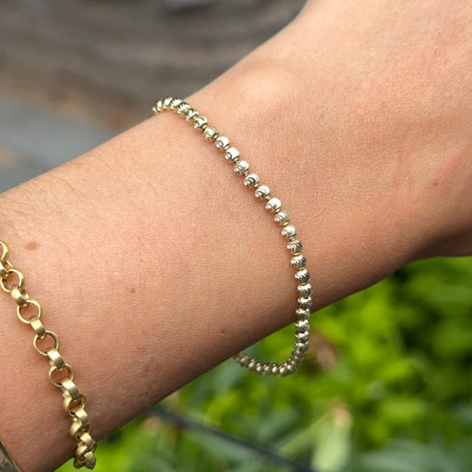 14KT Yellow Gold Round 3mm Diamond-Cut Bead Link Stretch Bracelet