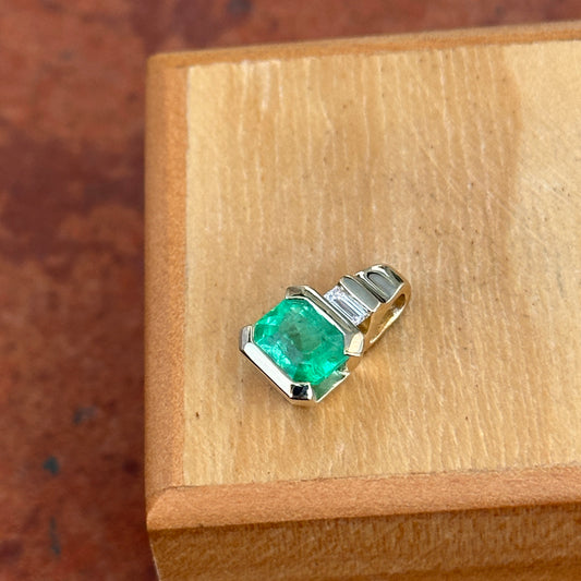 14KT Yellow Gold Emerald-Cut Emerald .90 Carat + Baguette Diamond Pendant