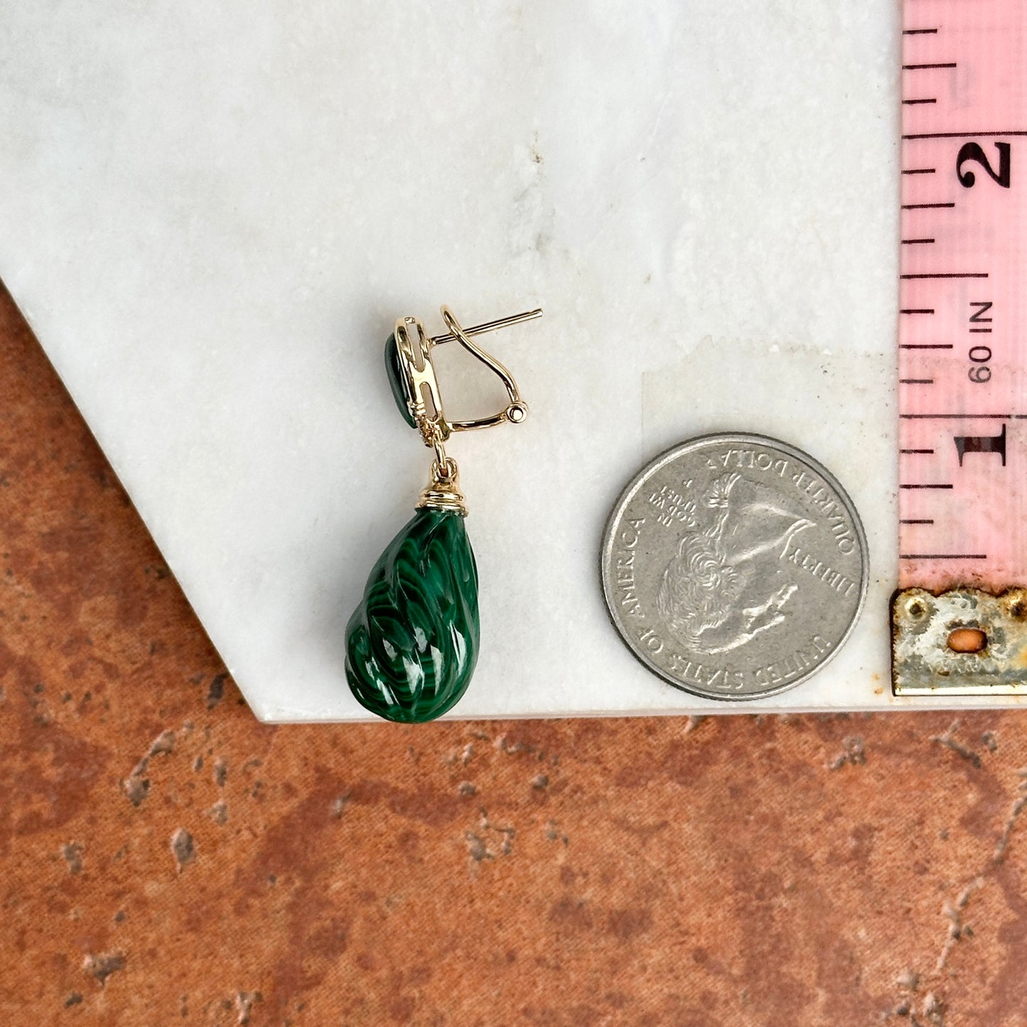 Vintage 14KT Yellow Gold Carved Briolette Malachite + Diamond Drop Earrings