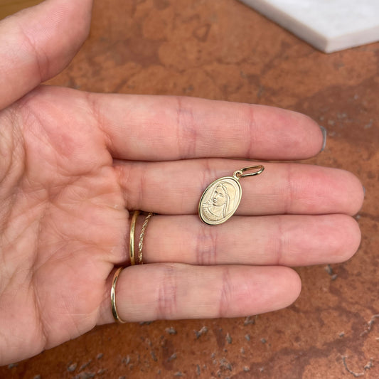 14KT Yellow Gold Matte Mother Mary Oval Medal Pendant