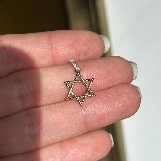 14KT Yellow Gold Pave Diamond Star of David Pendant Charm Small