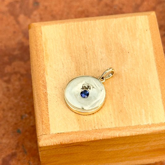 14KT Yellow Gold Gypsy Set 3mm Round Blue Sapphire Disc Pendant Charm