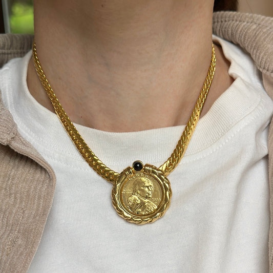 Estate Gold-Plated 2000 Sacagawea Golden Dollar + Onyx Necklace
