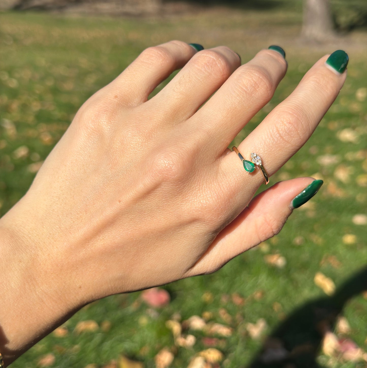 14KT Yellow Gold Pear Emerald + Baguette Diamond Bypass Ring