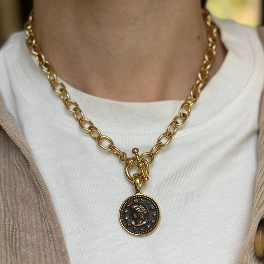 Estate Yellow Tone Faux Roman Coin Pendant/Enhancer Cable Toggle Necklace