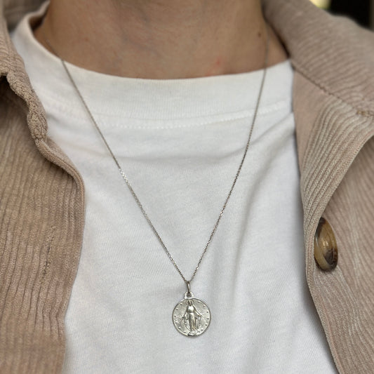 14KT White Gold Round Matte Miraculous Medal 18mm