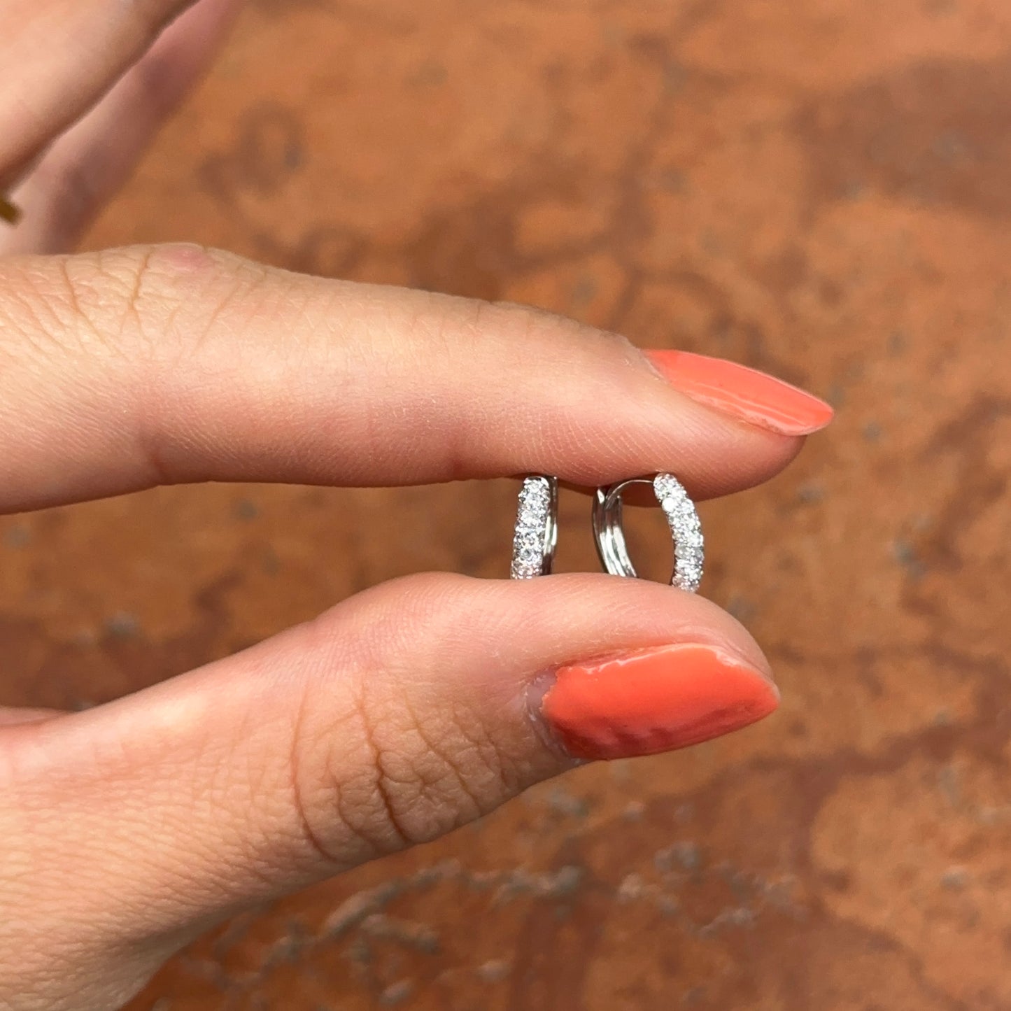 14KT White Gold Natural Pave Diamond Round Huggie Hoop Earrings NEW 2.4mm x 12mm Small Thin Tiny