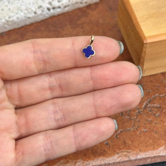14KT Yellow Gold Mini 4-Leaf Blue Lapis Inlay Clover Pendant Charm 7mm