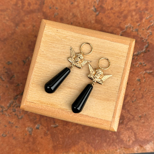 Estate 14KT Yellow Gold Cherub Angel Black Onyx Earring Charms