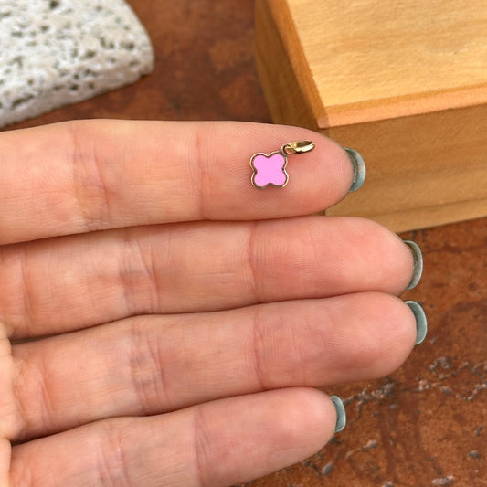 14KT Yellow Gold Clover Dark Pink Enamel Pendant Charm 7mm