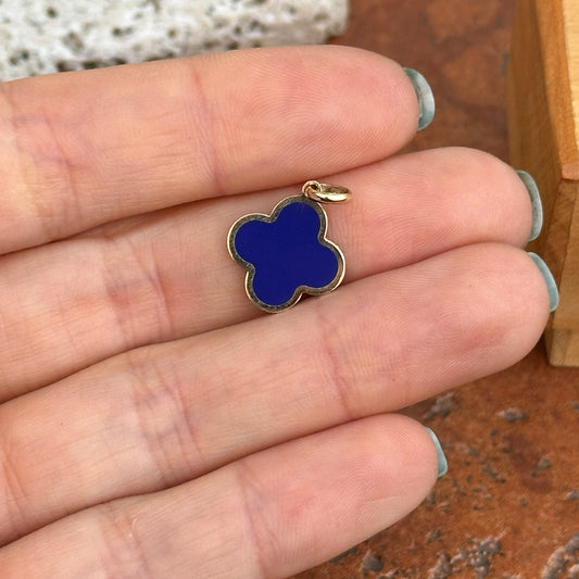 14KT Yellow Gold 4-Leaf Clover Blue Lapis Inlay Pendant Charm 14mm