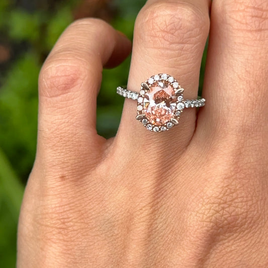 Estate 14KT Rose Gold Pink Oval 2 Carat Diamond Halo Ring