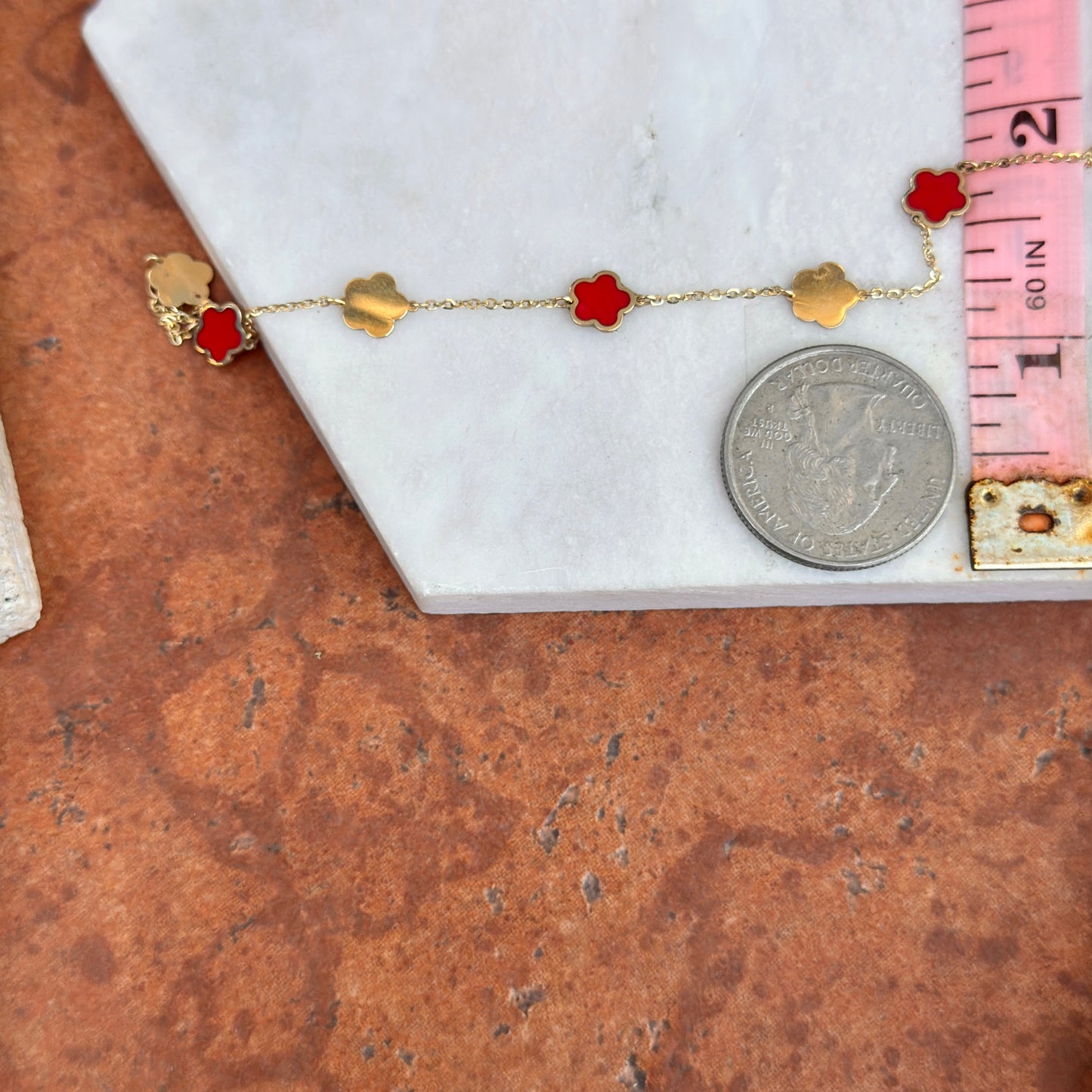 14KT Yellow Gold + Red Enamel 7mm Flowers Station Chain Bracelet