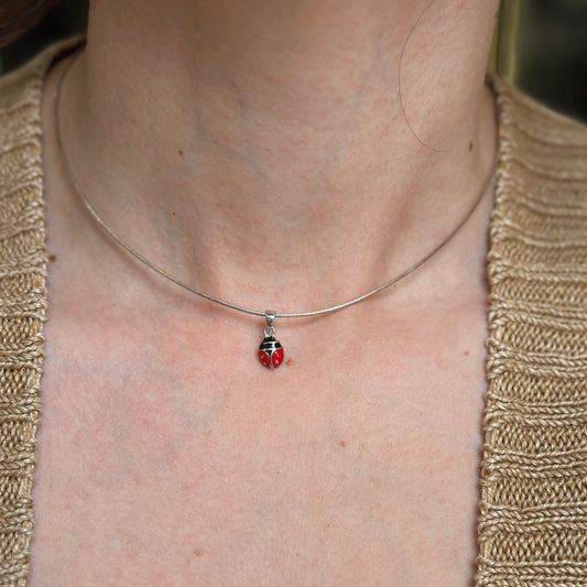 Sterling Silver Red + Black Enamel Ladybug Pendant Charm