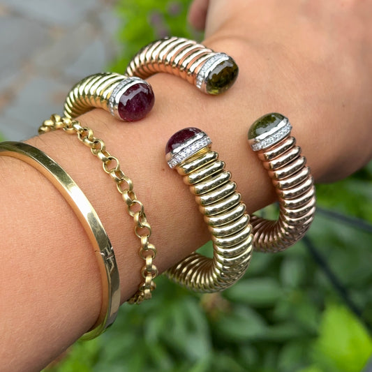 18KT Rose Gold Green Tourmaline + Pave Diamond Corrugated Bangle Cuff Bracelet