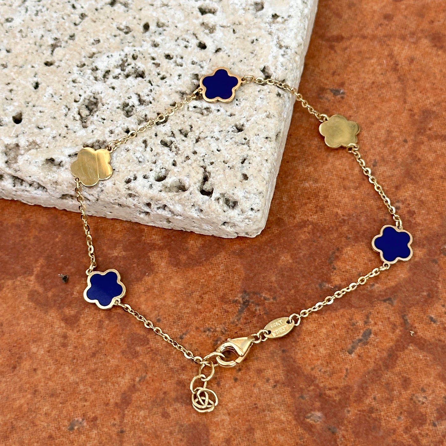 14KT Yellow Gold + Lapis 7mm Flower Station Chain Bracelet