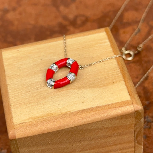 10KT Yellow Gold White Cream Enamel + Pave Diamond Pendant Charm on Chain Necklace 18"