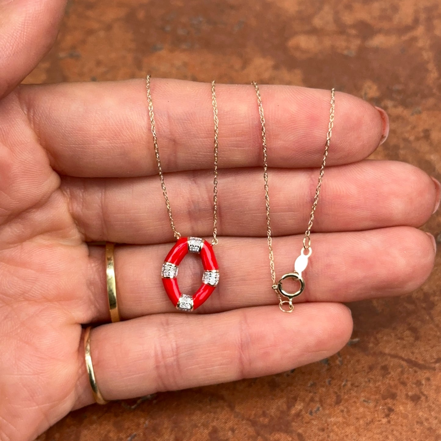 10KT Yellow Gold White Cream Enamel + Pave Diamond Pendant Charm on Chain Necklace 18"