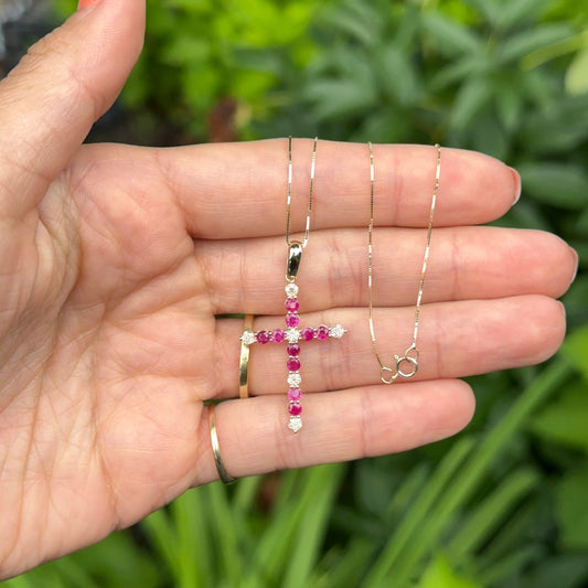 14KT Yellow Gold Red Ruby + Diamond Cross Pendant Necklace