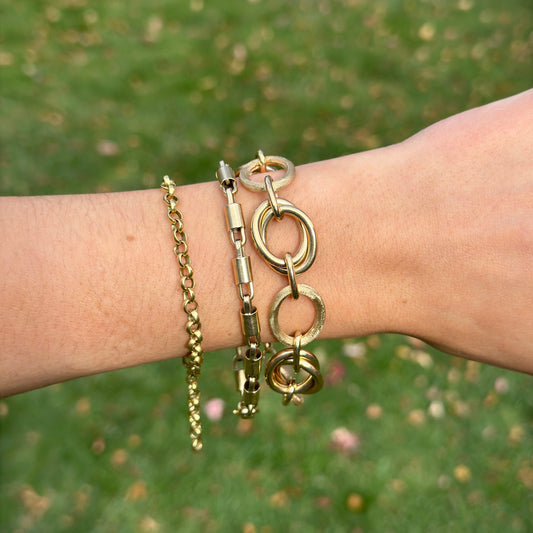 Estate 14KT Yellow Gold Matte Textured + Shiny Double Oval Link Bracelet