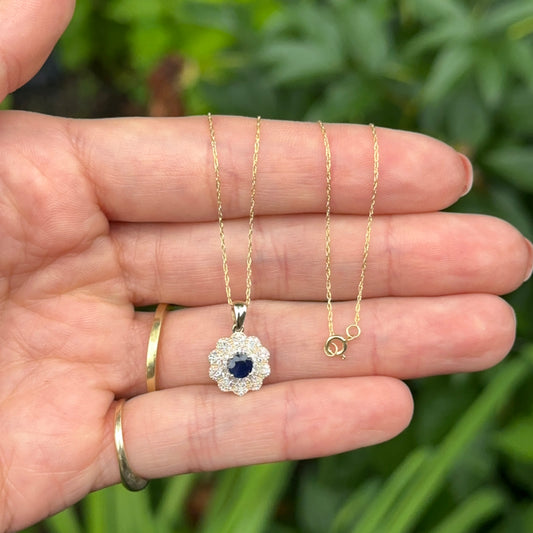 14KT Yellow Gold Blue Sapphire + Pave Diamond Pendant Chain Necklace