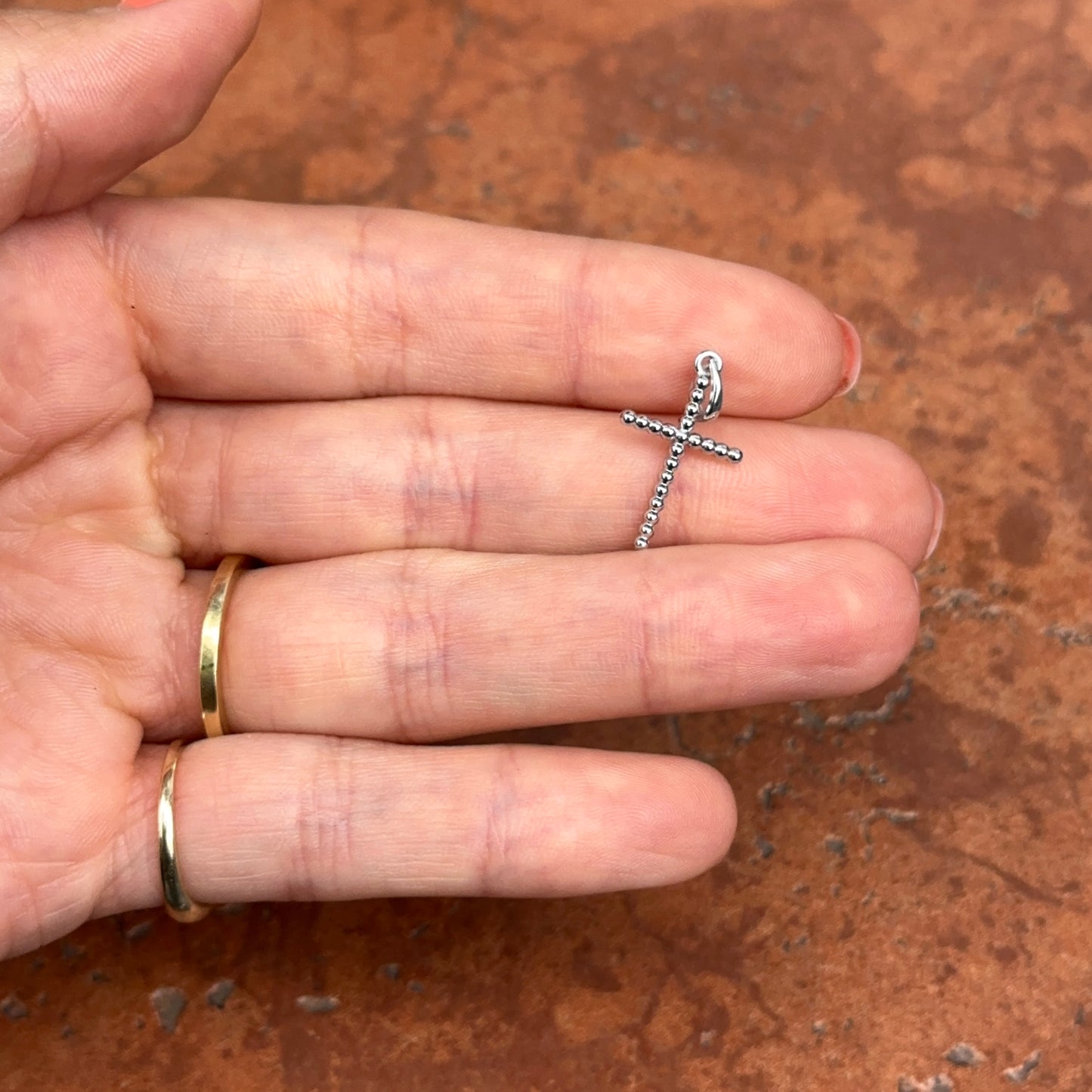 14KT White Gold Ball Beaded Cross Pendant Charm 17mm