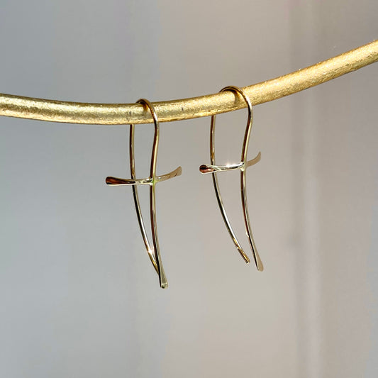 14KT Yellow Gold Curved Cross Thin Ear Wire Earrings