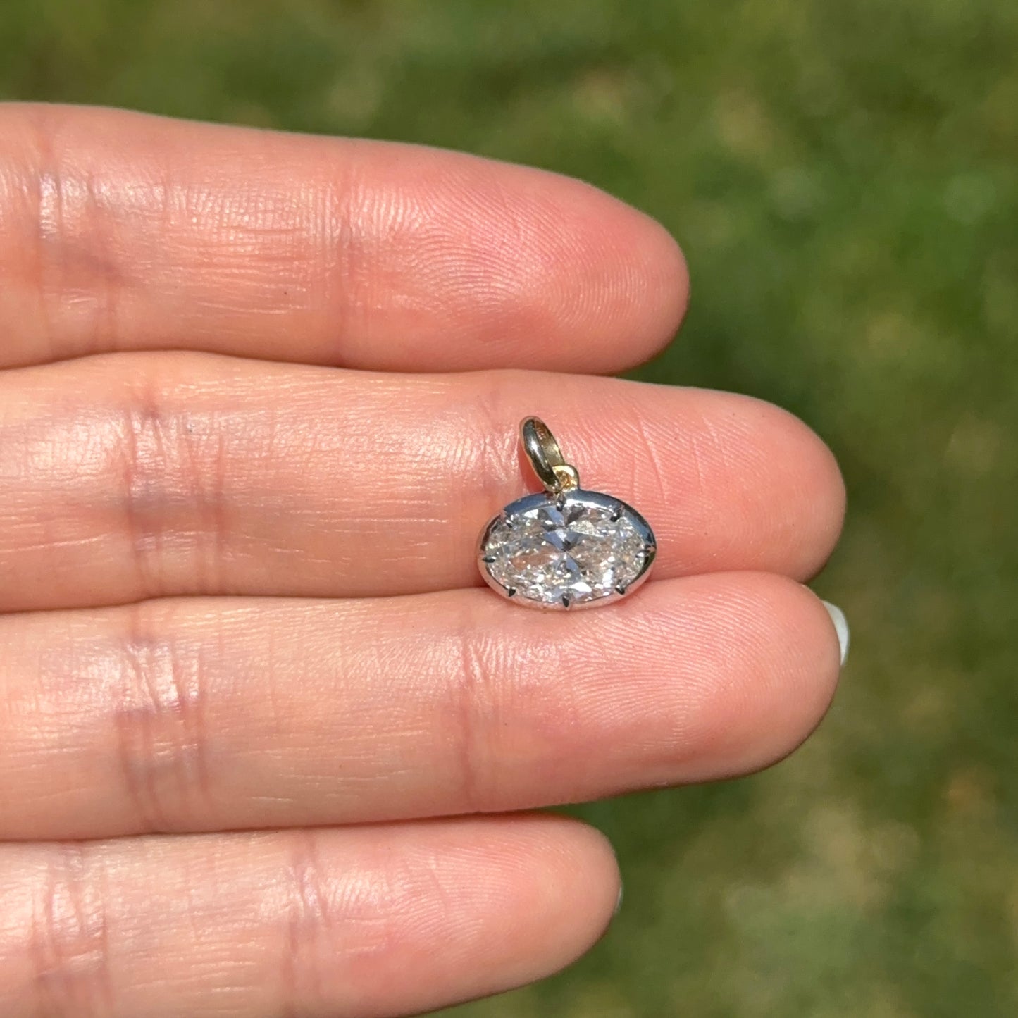 14KT Yellow Gold Oval 2 CT Lab Diamond Georgian White Rhodium Pendant - LSJ
