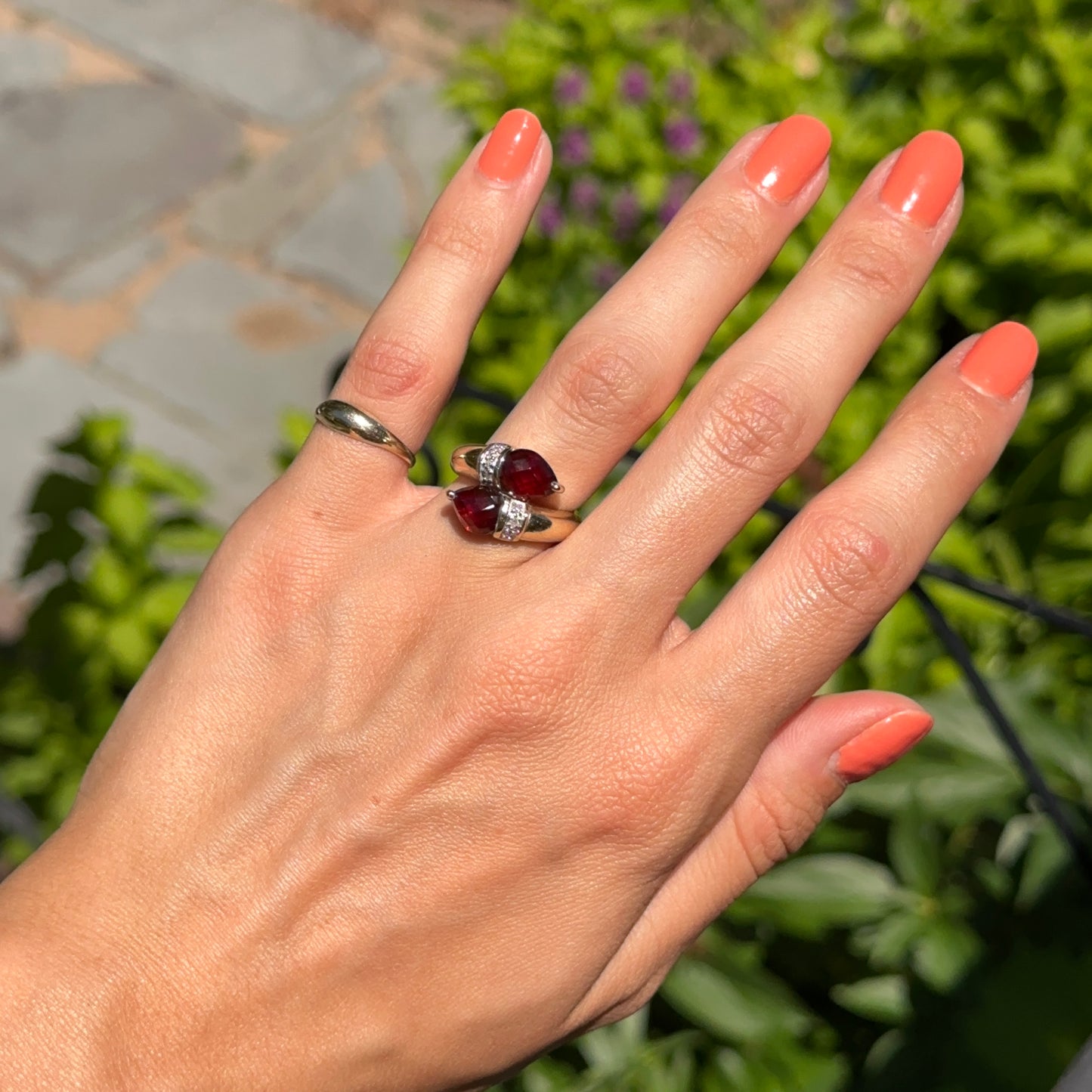 Estate 14KT Yellow Gold Pear Shape Garnet + Diamond Accent Bypass Ring