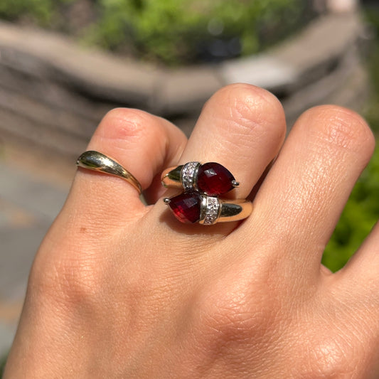 Estate 14KT Yellow Gold Pear Shape Garnet + Diamond Accent Bypass Ring