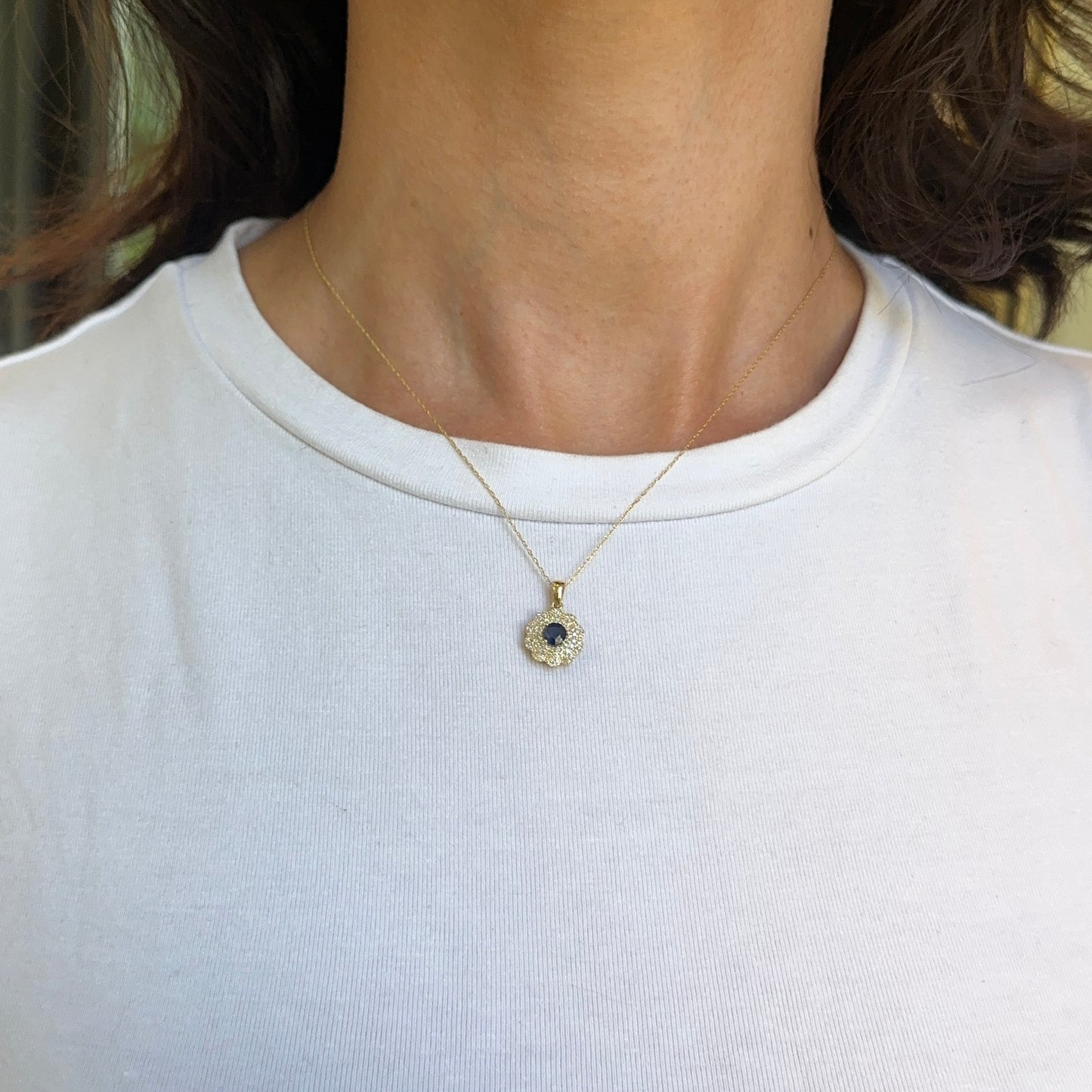 14KT Yellow Gold Blue Sapphire + Pave Diamond Pendant Chain Necklace