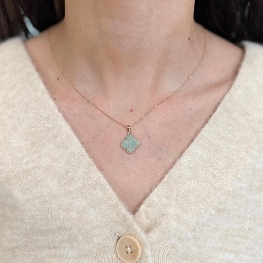 14KT Yellow Gold Celadon Jade Clover Pendant Charm 15mm