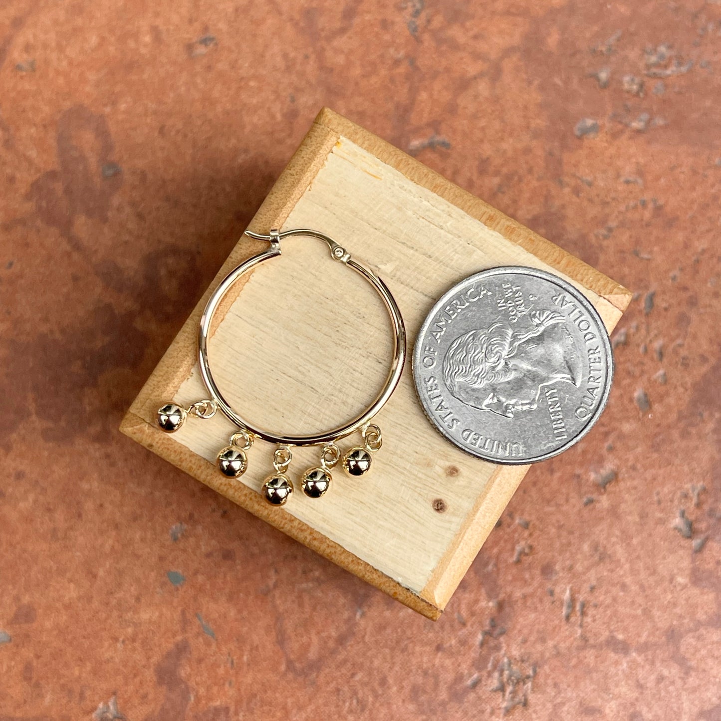 14KT Yellow Gold Ball Dangles Round Hoop Earrings 25mm