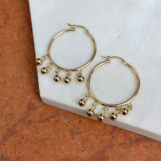 14KT Yellow Gold Ball Dangles Round Hoop Earrings 25mm
