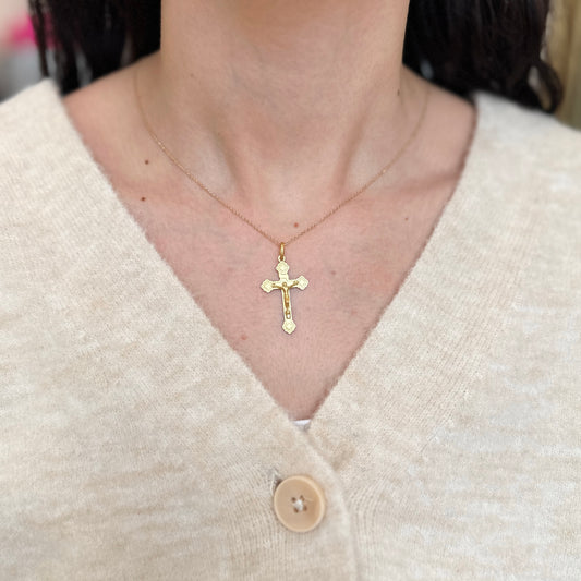 14KT Yellow Gold Matte Jesus Crucifix Cross Pendant - LSJ