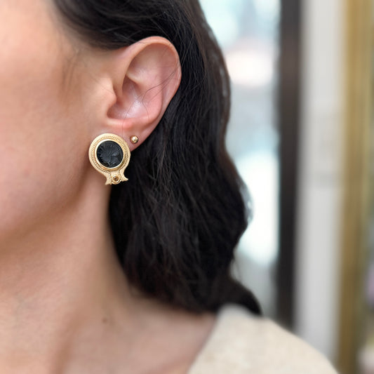 Sold Estate 14KT Yellow Gold Byzantine Black Onyx Intaglio + Citrine Omega Earrings