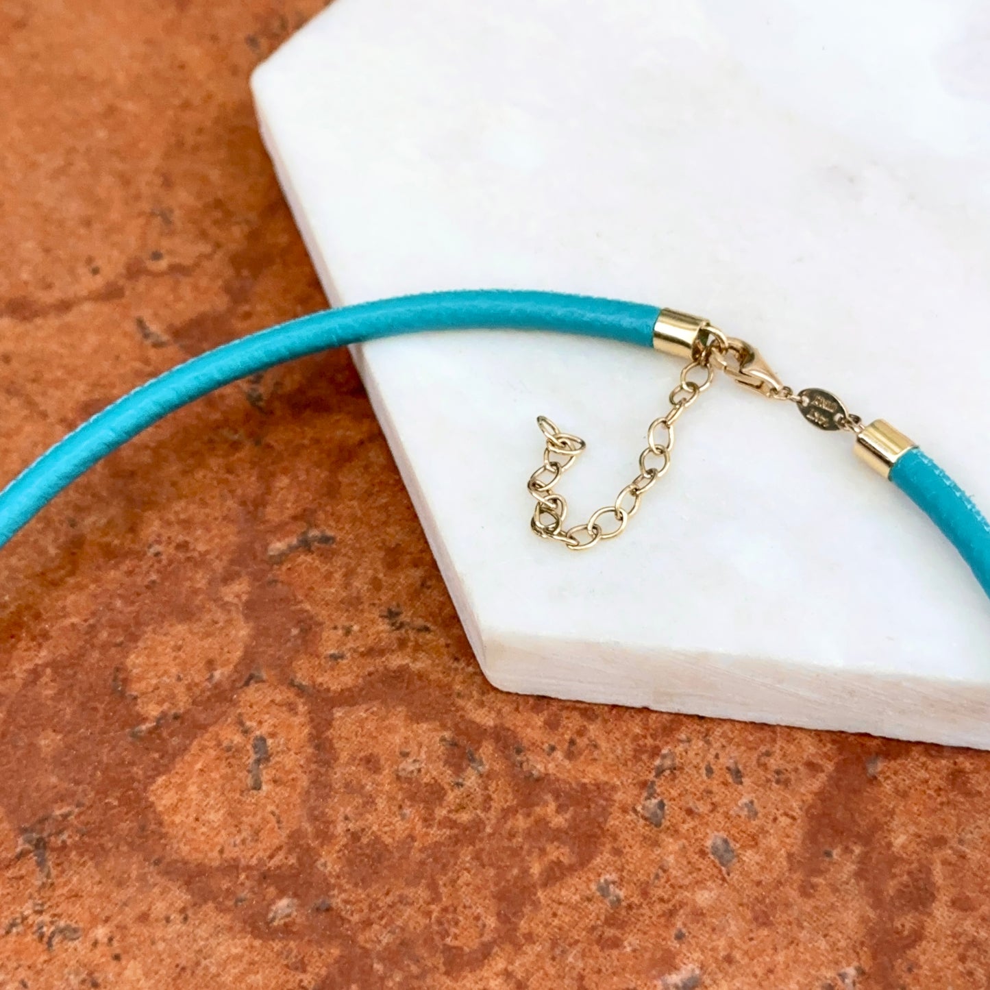 14KT Yellow Gold 3mm Turquoise Leather Cord Necklace