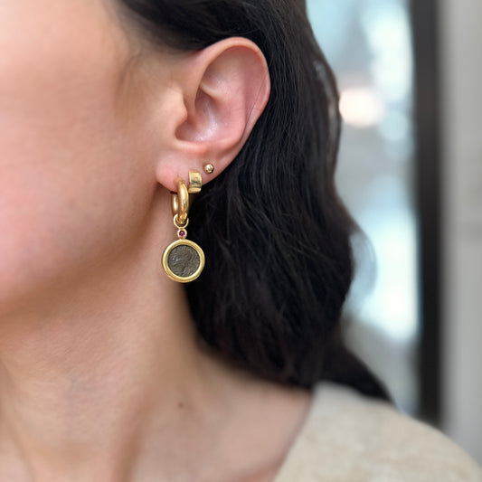 Estate 18KT Yellow Gold Ruby + Roman Coin Earring Charms