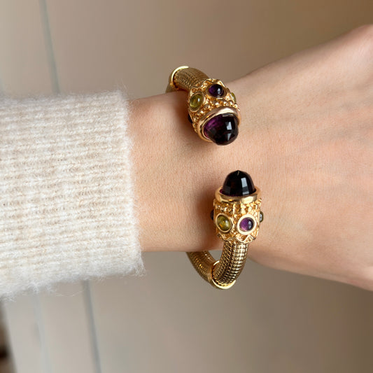 Estate 14KT Yellow Gold Checkerboard Amethyst + Peridot Cuff Bracelet - LSJ